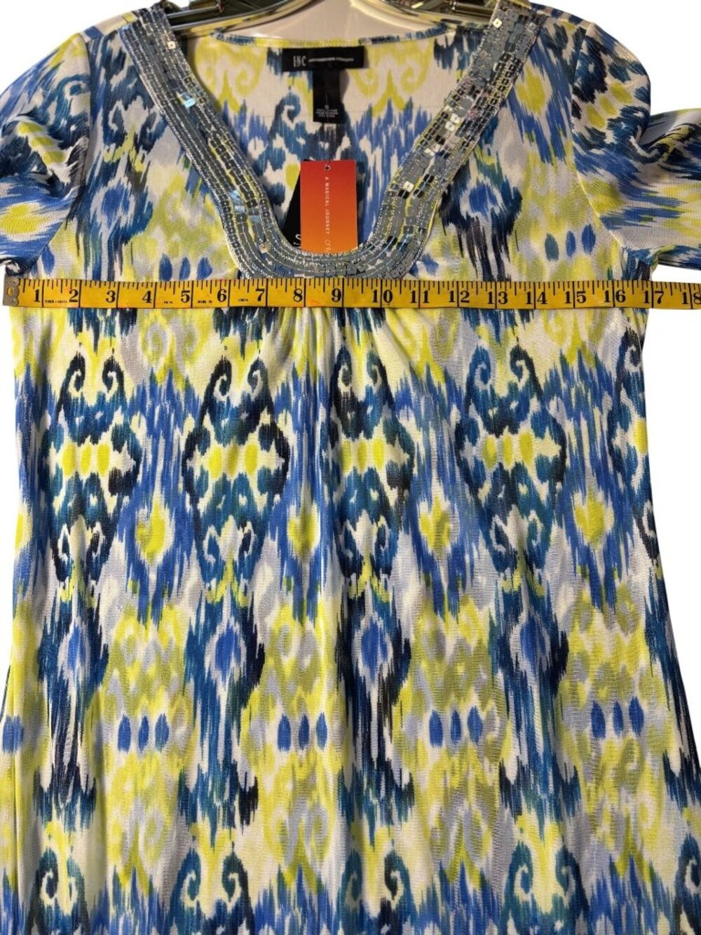 INC Iemon and blue ikat print maxi cover-up dress featuring silver sequin Small - Picture 10 of 11